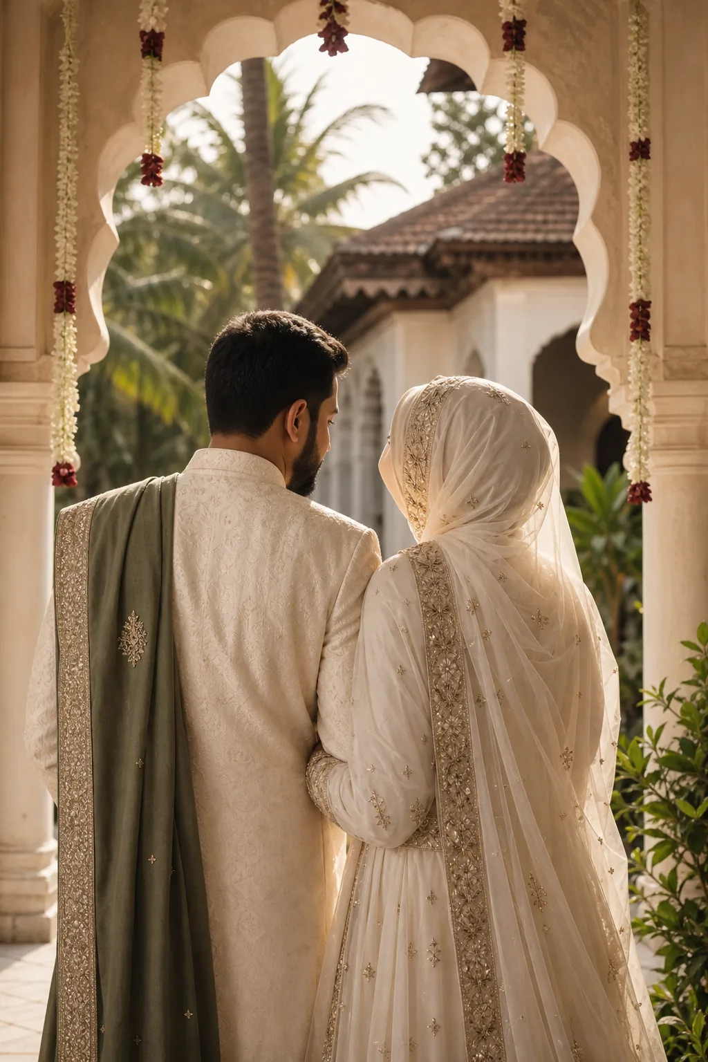 A newlywed Malabar Muslim couple beneath a heritage courtyard arch