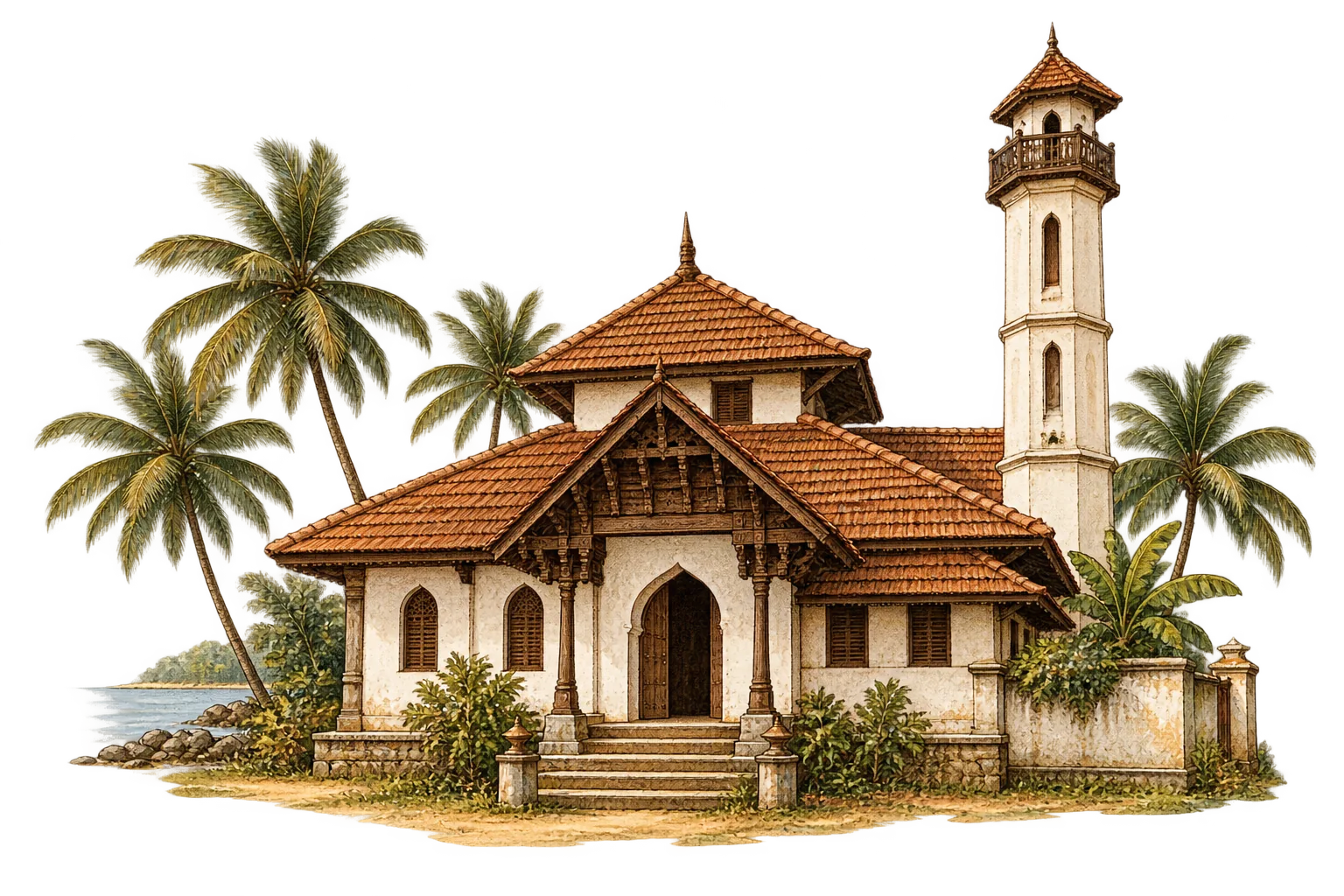 Illustration of a heritage Malabar mosque with tiled roof and coconut palms